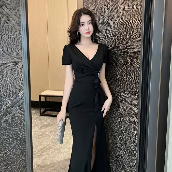 Robe de soirée sexy pour femme en polyester avec décolleté en V pour soirées et occasions spéciales