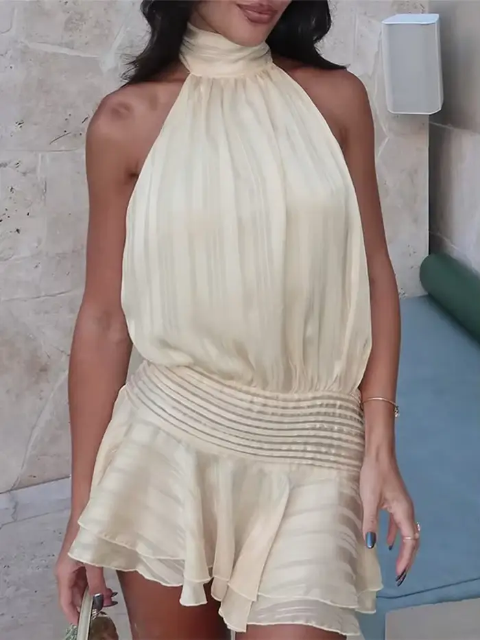 Robe mini élégante en soie mousseline collicou patchwork sans manches pour femmes soirées cocktails occasions spéciales