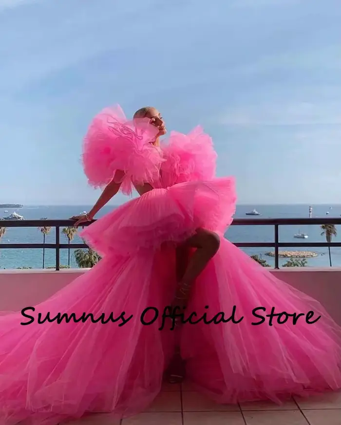 Robe de bal longue en tulle rose à plusieurs niveaux col en V profond haut bas pour occasions spéciales sexy concours personnalisable