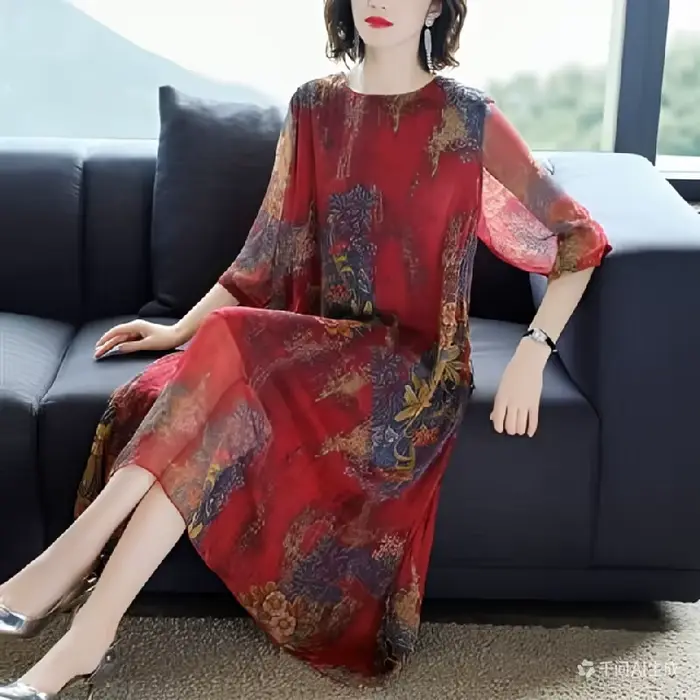 Robe midi grande taille en polyester avec décolleté moderne pour femmes, élégante et confortable pour les mères d'âge moyen, occasiions spéciales et quotidienne