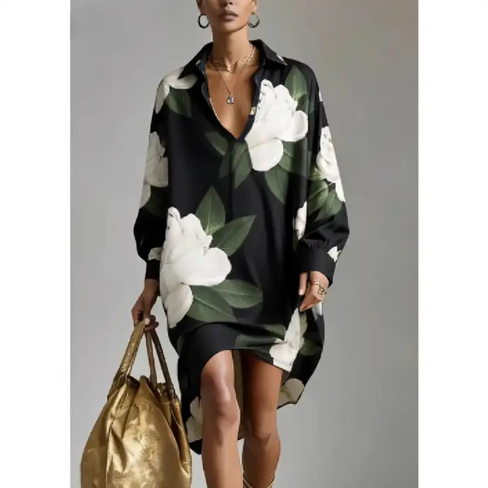 Robe chemise à motif floral élégante pour femme, décontractée d'été, à col revers et manches longues