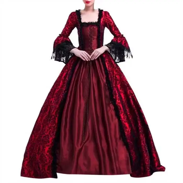 Women's Vintage Dress Medieval Victorian Court Lace Stitching Dress Gothic Long Sleeve Dress Cosplay