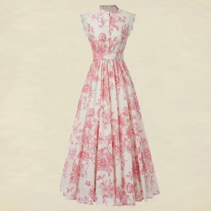 Robe longue de vacances élégante en dentelle patchwork sexy, col en V sans manches, plissée, pour femme, imprimée, avec laçage à la taille, pour soirée