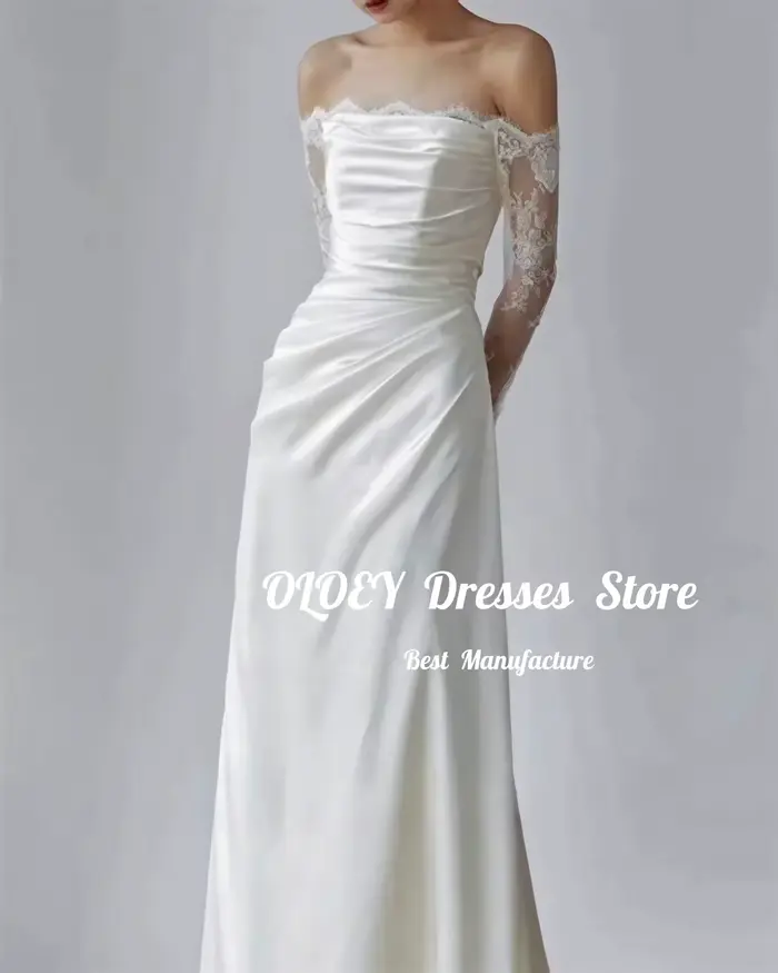 Robe de mariée coréenne en coton satiné avec dentelle style hors de l'épaule et dos à lacets pour mariage élégant
