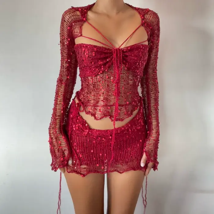 Robe en Tricot à Paillettes et Jupe au Crochet pour Femme