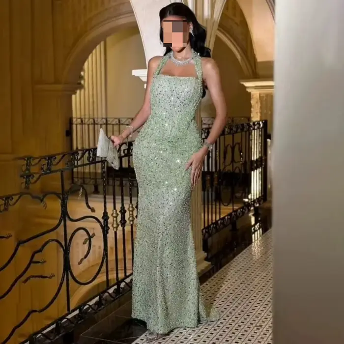 ROSES paillettes vert menthe robe de soirée licou paillettes robe de bal trompette sans manches robe