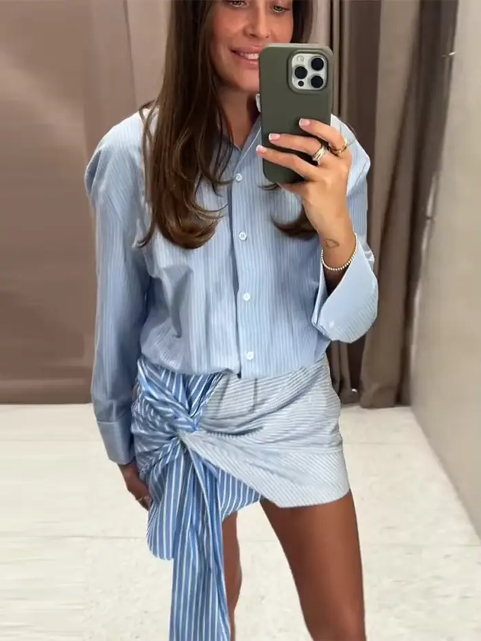 Robe chemise rayée bleu clair pour femme