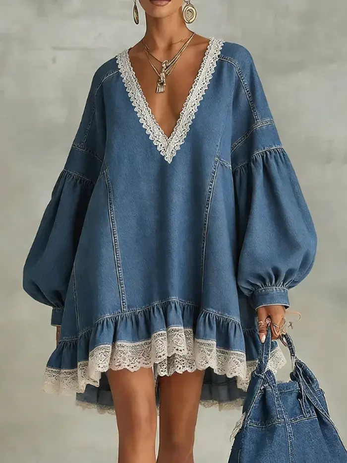 Robe en jean ample pour femme mini-robe sexy col en V dentelle manches lanternes empiècements volants printemps été occasions spéciales