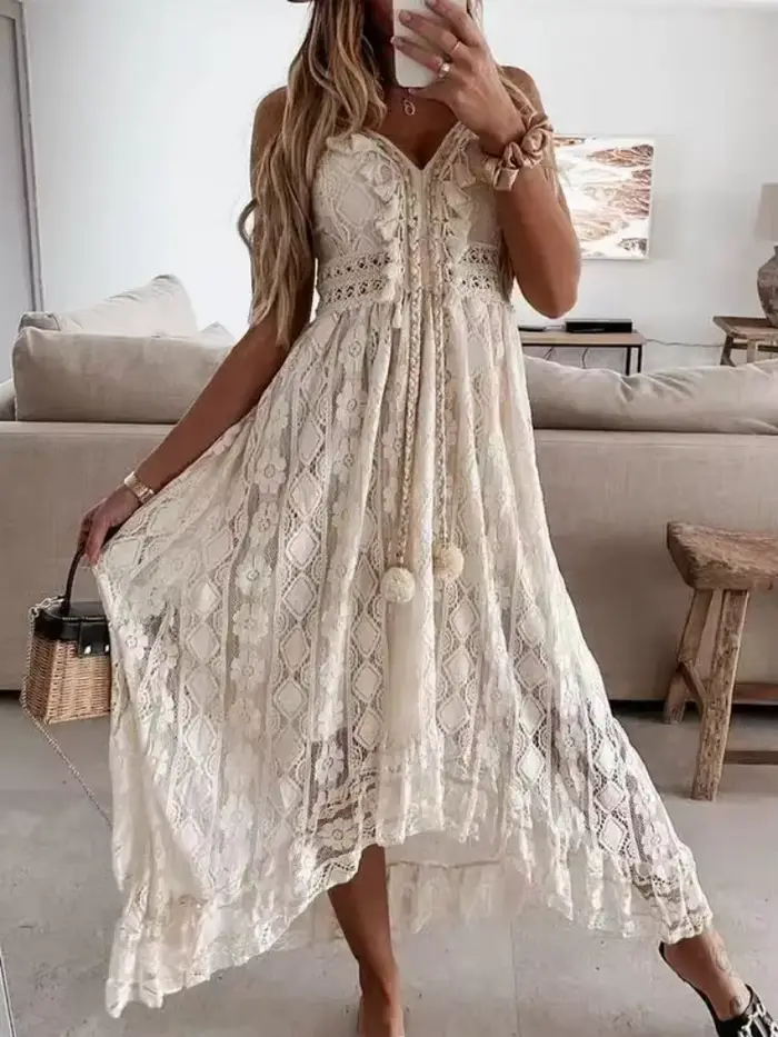 Robe longue en dentelle sans manches pour femmes, mode d'été, décontractée, col en V, élégante, pour plage et soirées spéciales