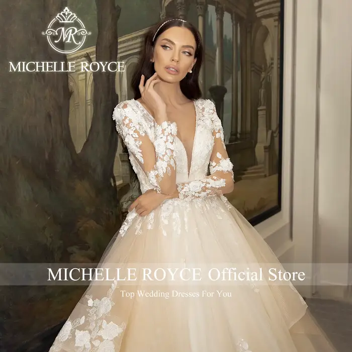 Robe de mariée Michelle Royce moderne avec train de chapelle en polyester, dentelle, maille, organza et tulle pour femmes enceintes et occasions spéciales