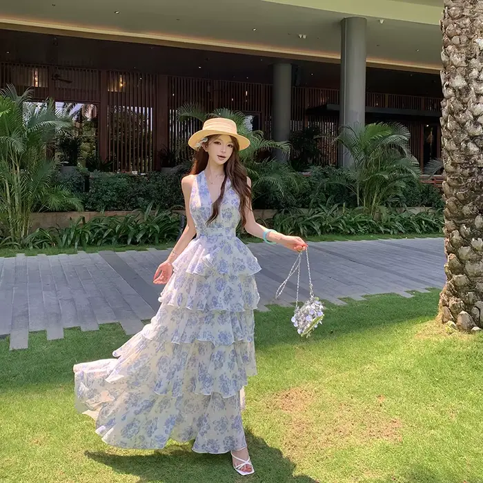 Robe longue d'été pour femme, imprimé floral bleu, col halter, à volants, élégante, sans manches, po