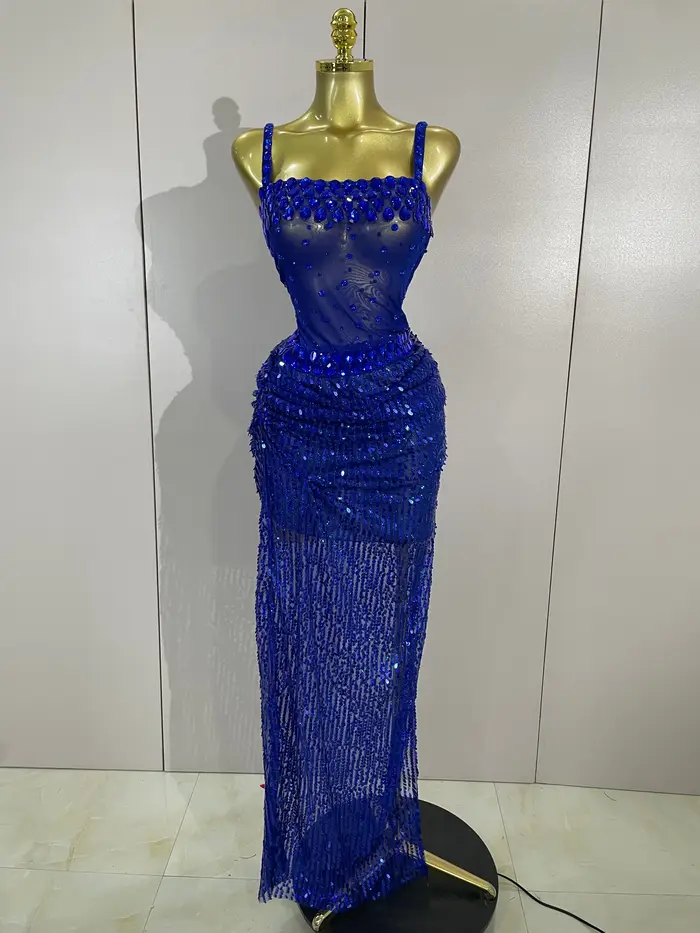 Robe longue 2 pièces transparente et sexy avec strass rouges scintillants et paillettes