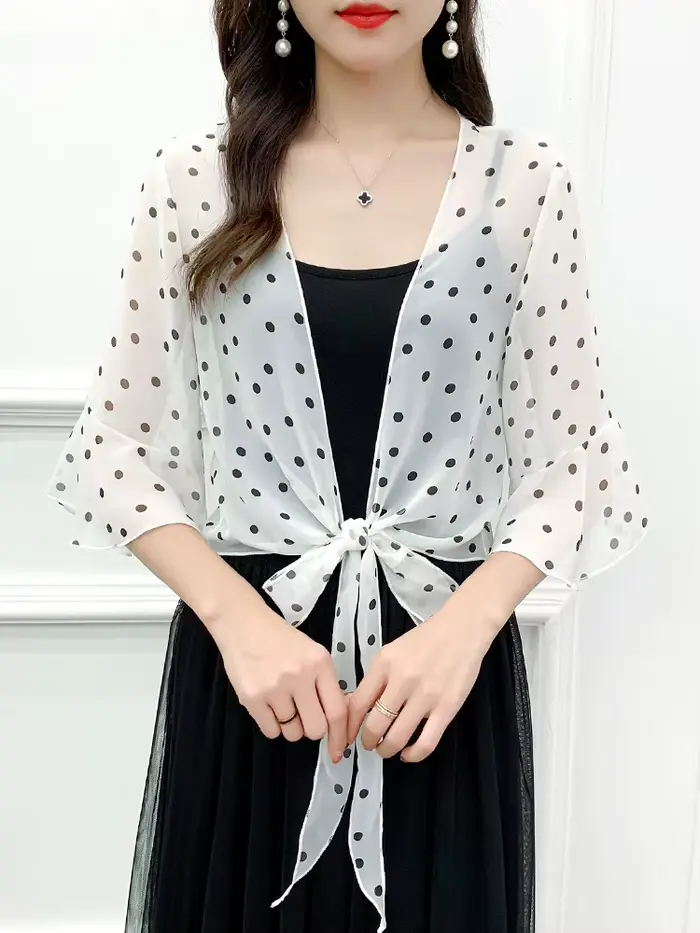 Robe de soirée en mousseline de soie noire et blanche pour femmes, col en v, élégante, Simple, douce, décontractée, à pois