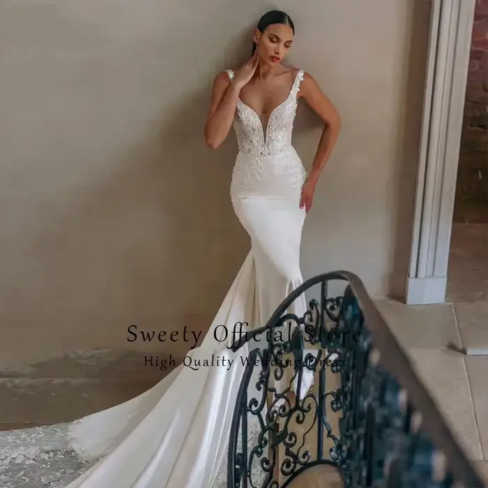 Robe De mariée sirène en Satin, gracieuse, avec traîne détachable, avec perles, col en v, sans manch