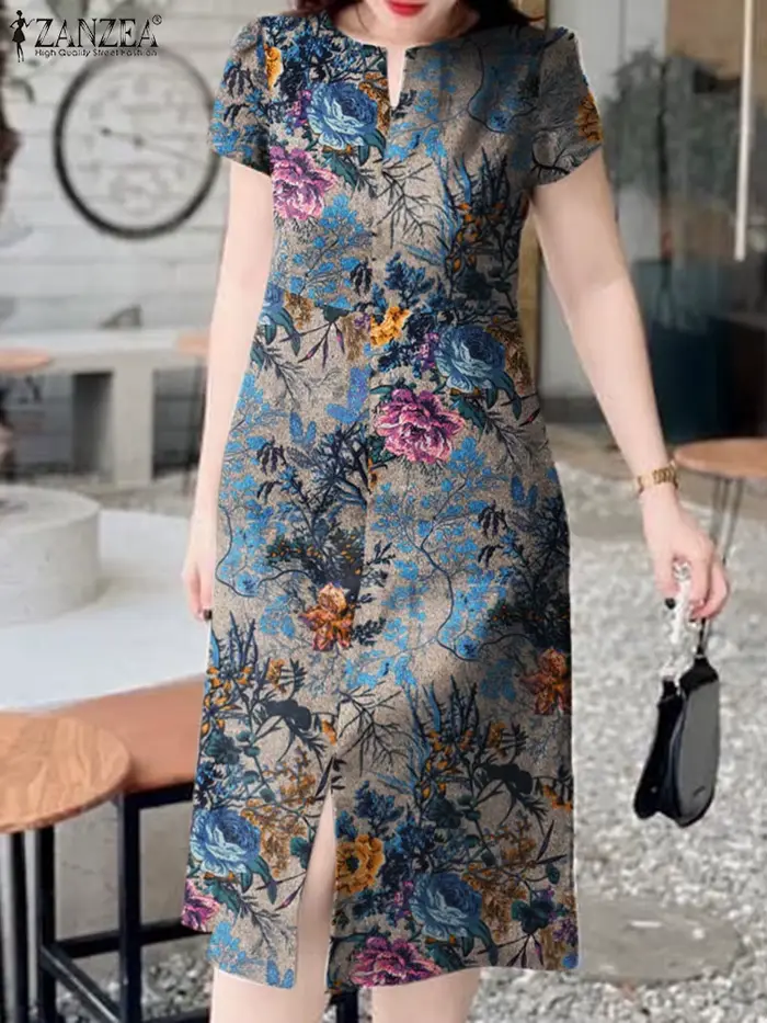 Robe mi-longue rétro à manches courtes et col en V pour femmes