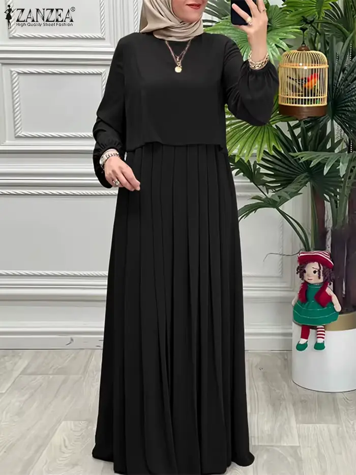 Robe musulmane ZANZEA élégante en polyester et élasthanne pour femmes, ample et plissée, idéale pour automne et hiver, à offrir pour événements et occasions spéciales