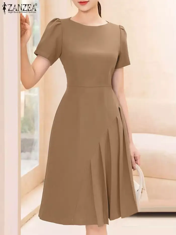 Robe plissée ZANZEA en polyester et élasthanne col rond longueur aux genoux pour femmes occasions spéciales été