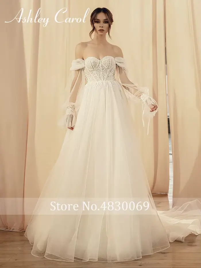 Robe de mariée A-Line Ashley Carol en coton, polyester, soie, mousseline avec col en V, appliques de dentelle, train de la cour pour femmes, occasions spéciales, mariage, prom, célébrités, soirée