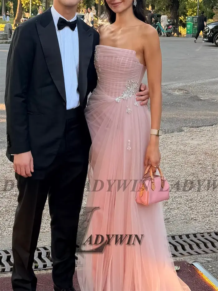 LADYWIN Robe de Soirée Asymétrique Modeste Personnalisée Rose Poudré en Tulle