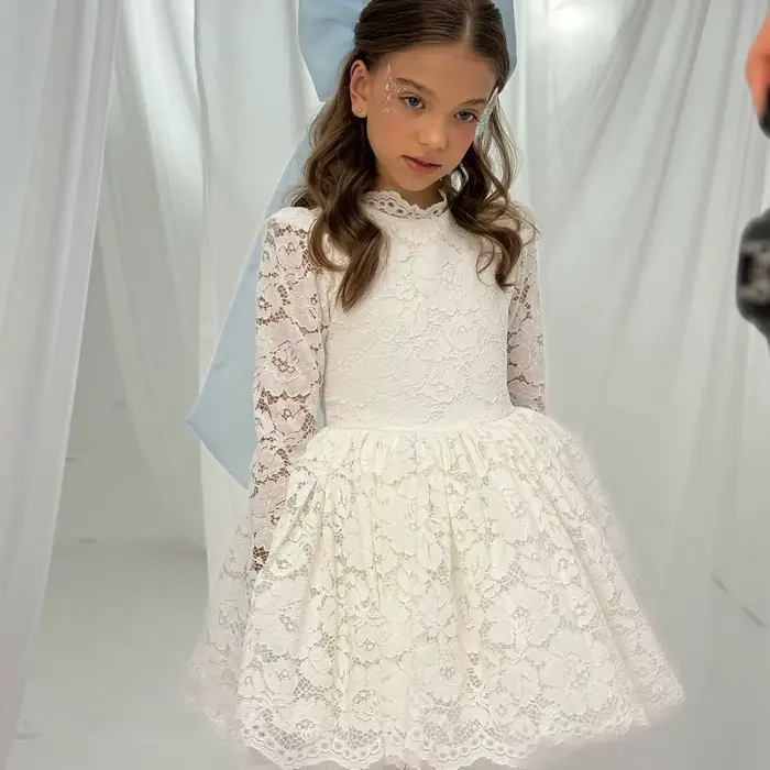 Robe de soirée en dentelle blanche pour filles, à manches longues, style princesse, pour cérémonie, 