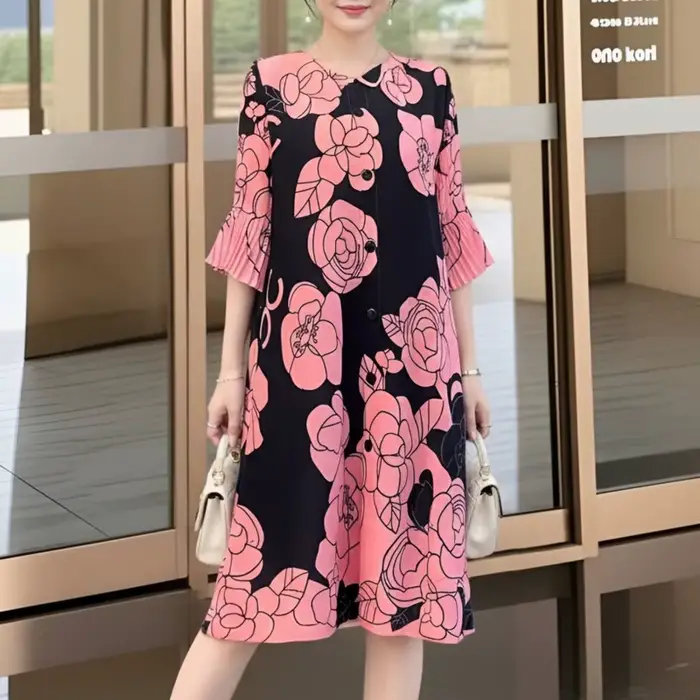 Robe plissée évasée à imprimé floral rose rouge pour femme LANMREM