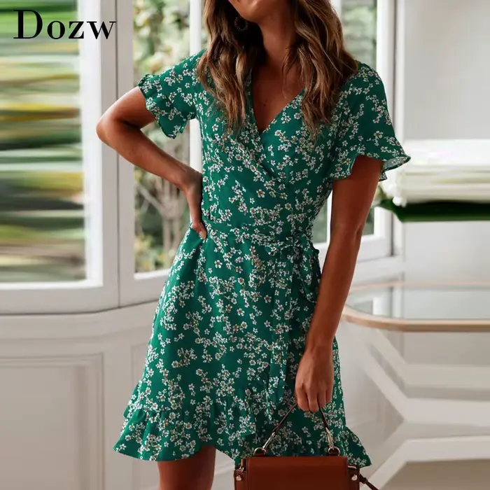 Robe Boho mini fleurie col en V avec volants pour femmes style décontracté été à offrir occasions spéciales