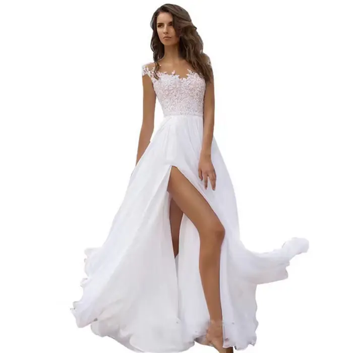 Robe de soirée élégante en dentelle pour femmes, col en v, robe de mariée en mousseline de soie avec
