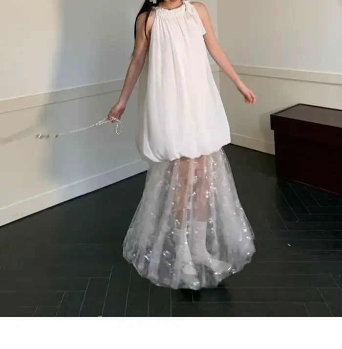 Robe blanche pour femmes style bureau dame polyvalente automne hiver polyester lâche décolleté rond patchwork sans manches à offrir pour femme occassions spéciales