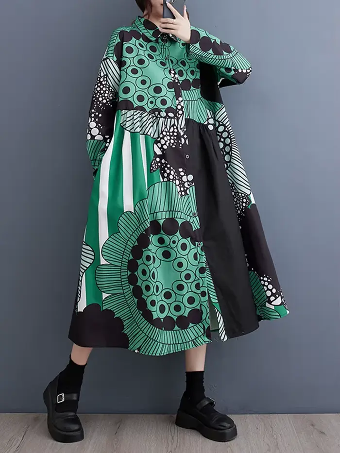 Robe chemise à manches longues imprimée vintage pour femmes, élégante et décontractée, idéale pour l'automne et les occasions spéciales