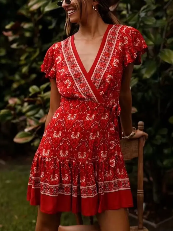 Mini robe bohème à col en V pour femmes