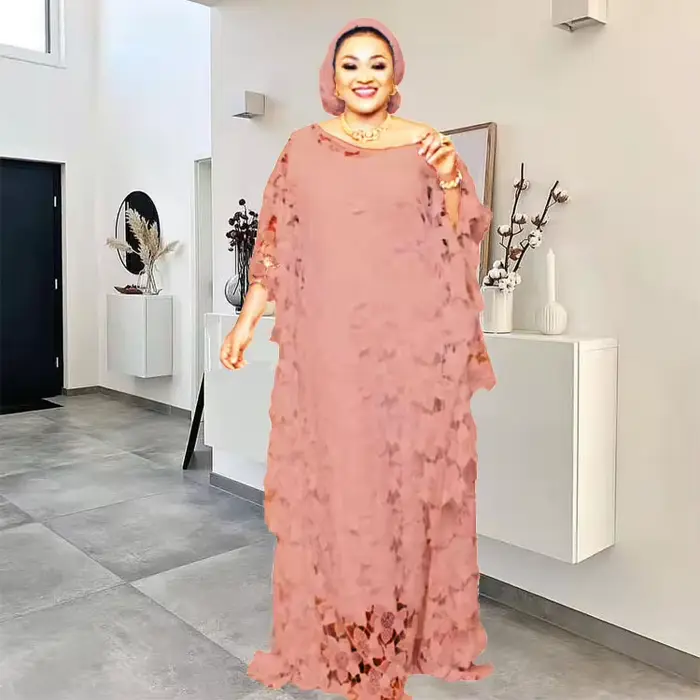 Robe en dentelle ample pour femmes, élégante et décontractée, idéale pour mariages et soirées de gala, en polyester et fibre synthétique, style africain, col rond et manches chauve-souris