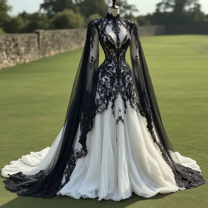Robe de mariée gothique en dentelle noire avec appliques personnalisables col haut manches chauve-souris train de balayage pour cérémonies sombres et soirées de gala
