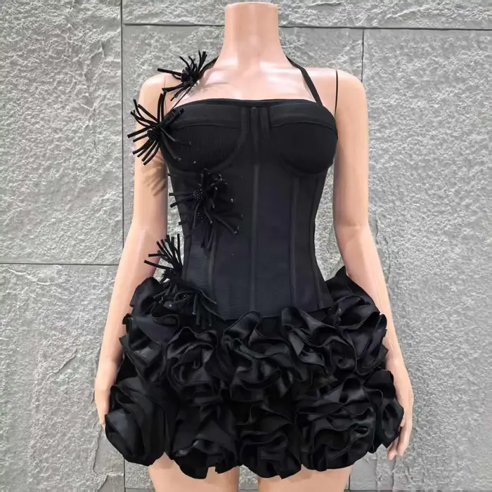 2025 nouvelle couleur noire femmes Sexy bretelles fleurs 2 pièces moulante Mini robe de pansement célébrer discothèque fête Bar chanteur porter