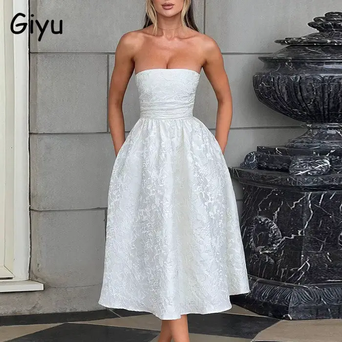 Robe Giyu en polyester jacquard à motifs fleurs pour femmes - style sexy et club - sans manches - mi-mollet - été 2025