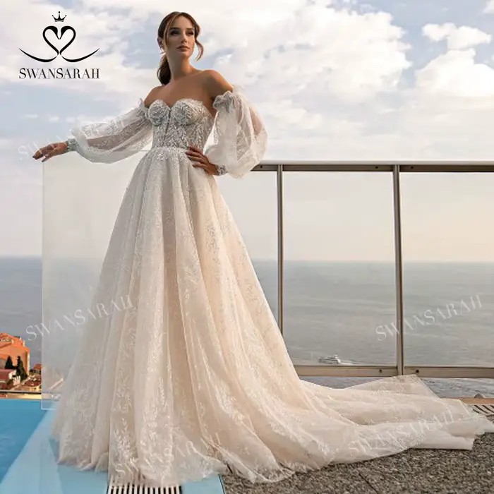 Robe de mariée brillante Sweetheart 2026, manches bouffantes, coupe trapèze, personnalisée, style pr