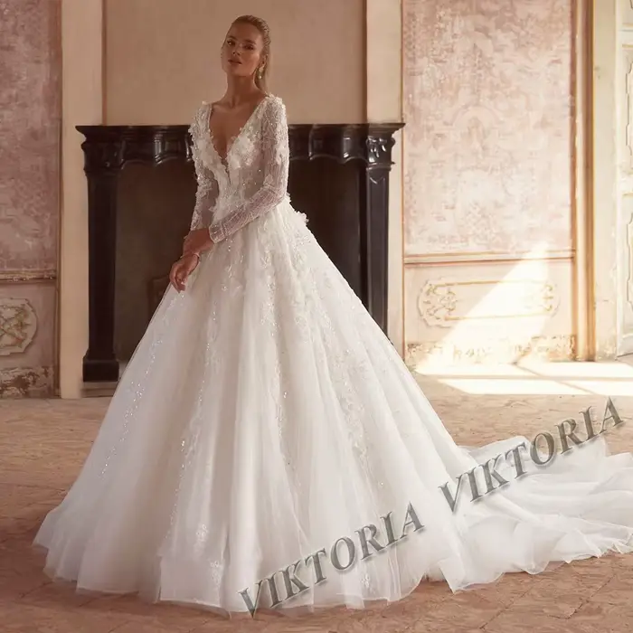 VIKTORIA luxe col en v robes De mariée pour femme mariée dos nu manches longues a-ligne robe De Casa