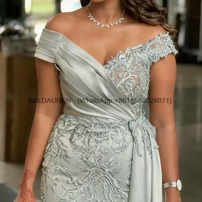 Robe de soirée sirène argentée en dentelle perlée pour mère de la mariée, en satin, coupe cœur, pour anniversaire, mariage, invité de la cérémonie ou mère du marié
