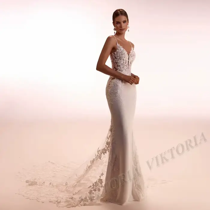 VIKTORIA-Robe de Mariée Luxueuse à Col en V pour Femme, Sirène, Bretelles Spaghetti, Personnalisée