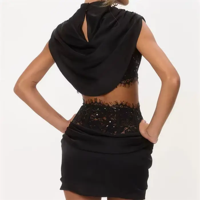 Robe de bal en satin kaki avec dentelle, 2 pièces, haut et mini-jupe, pour soirée, décontractée, for
