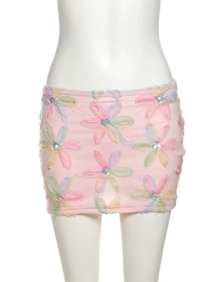 Bizarre Puss Coloré Fleurs Jupes Femmes Paillettes Patchwork Maille Tendance D'été Doux Street Party
