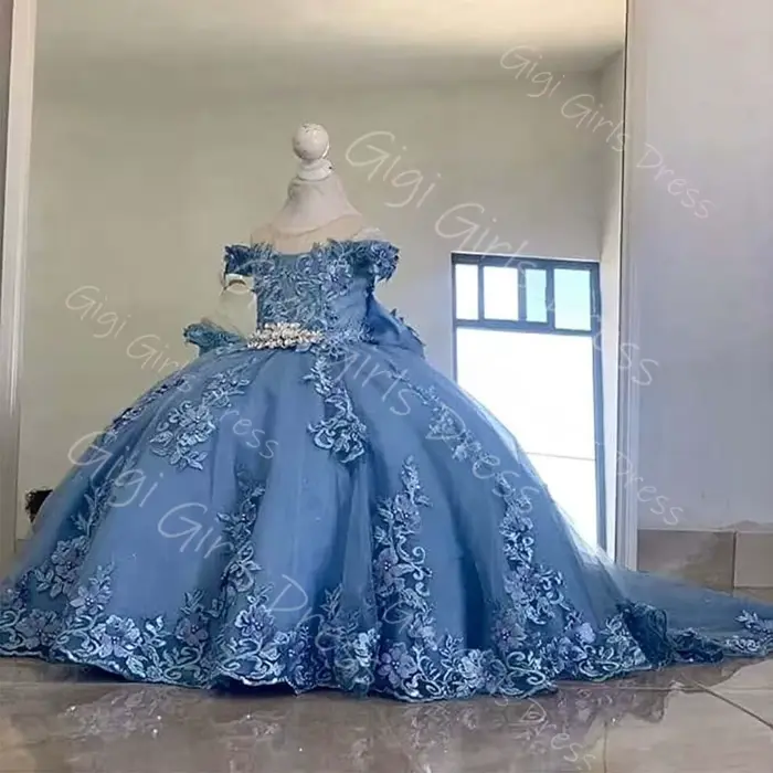 Robe de demoiselle d'honneur en tulle avec appliques, épaules dénudées, ceintures/bandes perlées, ro