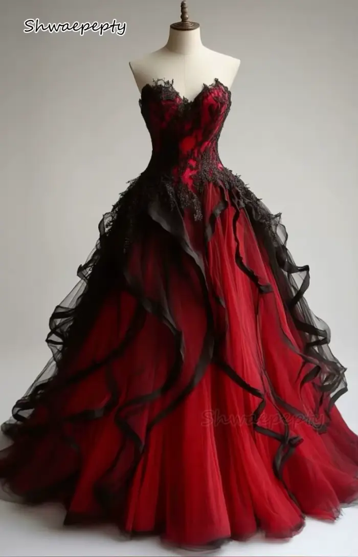 Robe de Mariée Gothique en Tulle Rouge et Noir