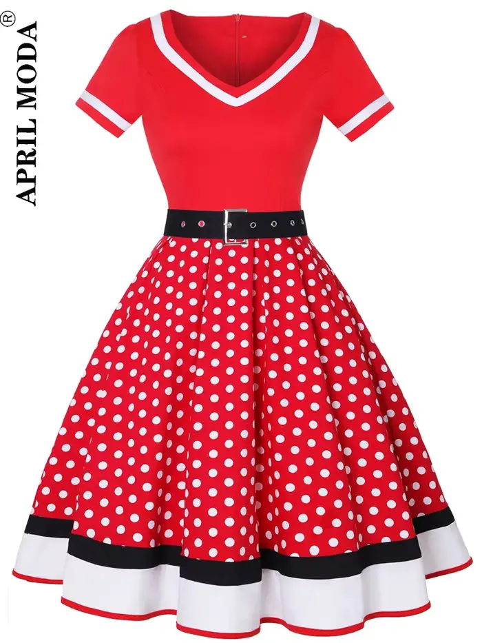 Robe de soirée Vintage pour femmes, avec ceinture, imprimé à pois, manches courtes, Hepburn, surdime