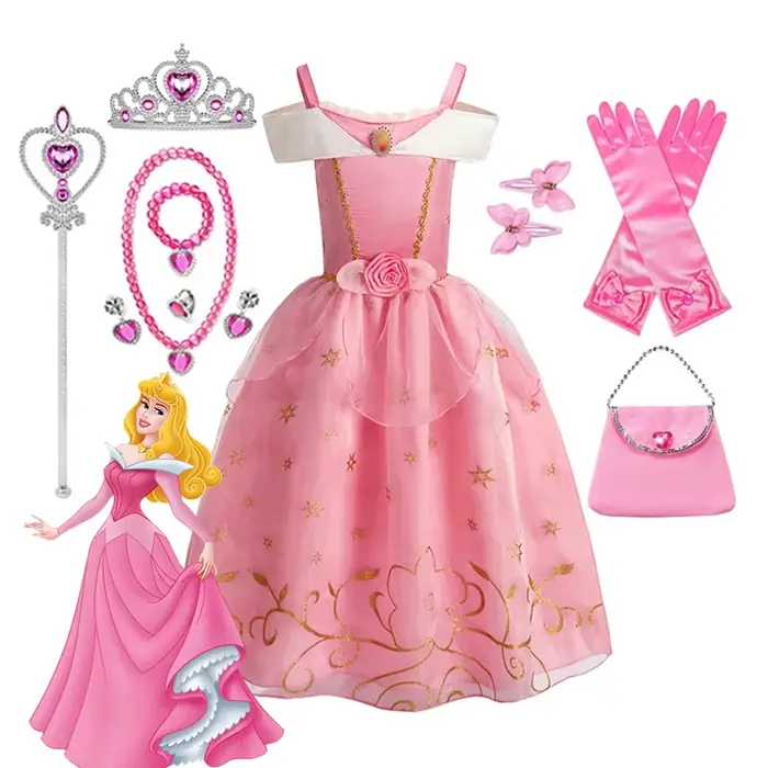 Robe de princesse en tulle brodé rose sur le thème d'Aurora pour filles