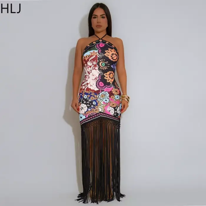 HLJ élégant fleur imprimé glands Patchwork robe longue femmes licou sans manches dos nu Maxi robes femme Streetwear