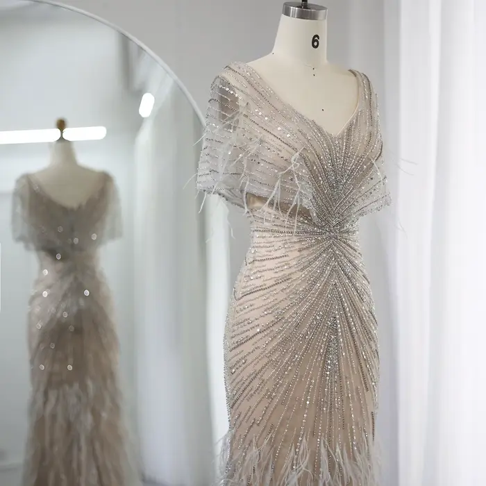 Sharon Said-Robe de Soirée Sirène Luxueuse en Plumes de Dubaï pour Femme, Tenue Personnalisée avec Manches Cape, pour ixde Mariage, SS210