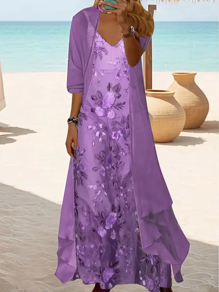 Robe longue grande taille à imprimé floral avec couverture transparente, ensemble deux pièces bohème