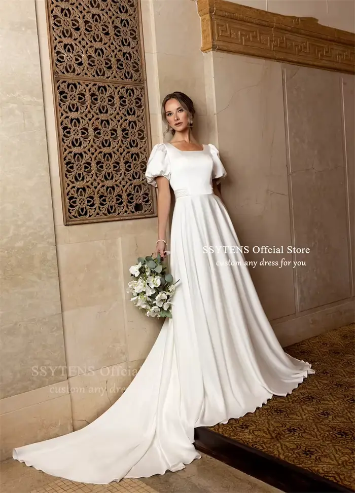 SSYTENS Robes de mariée civiles élégantes à manches courtes pour femmes, col carré, robe de mariée s