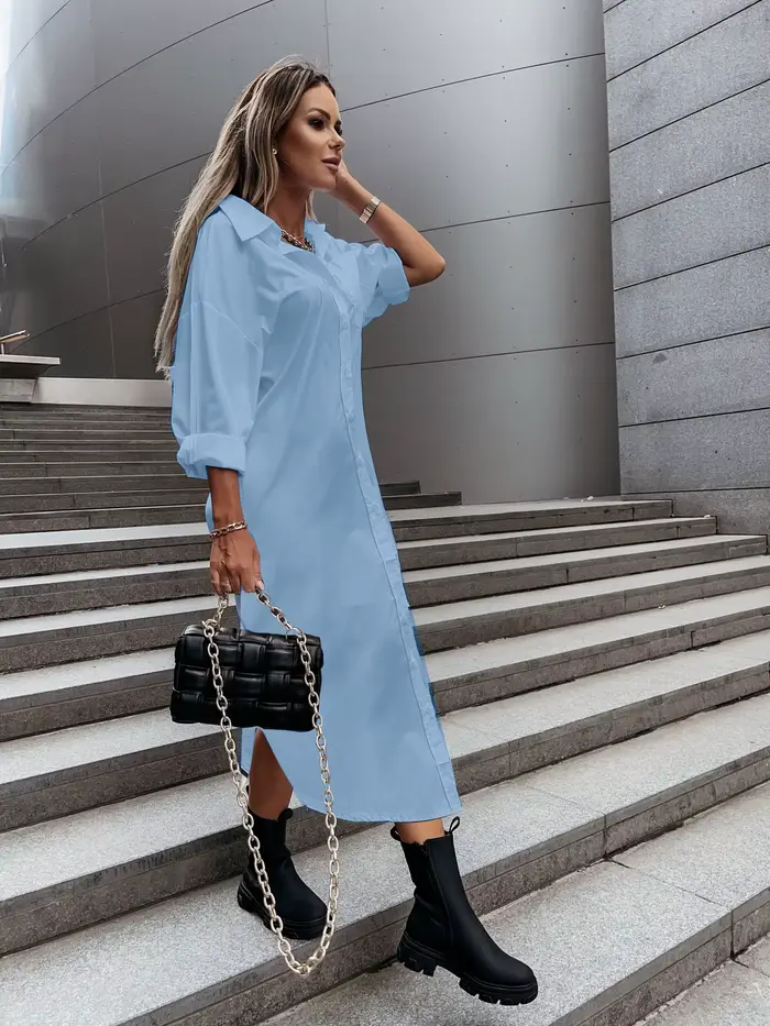 Robe chemise à manches longues pour femme avec col rabattu et boutons sur le devant