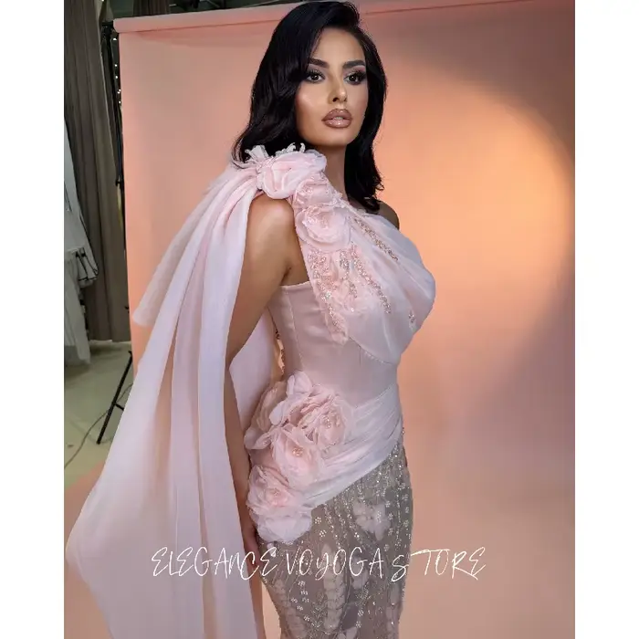 Robe de soirée rose EVS asymétrique à une épaule, ornée de fleurs 3D, style sirène, pour femme, long
